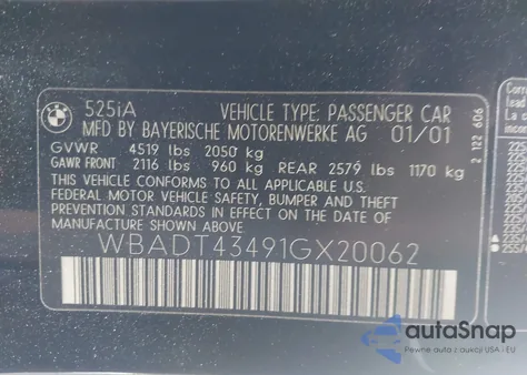 2001 BMW 525Ia z USA, uszkodzony, nr VIN WBADT43491GX20062